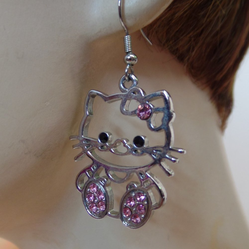 Hello Kitty Pierced Earrings Silvertone & Pink Sparkles  Dangle